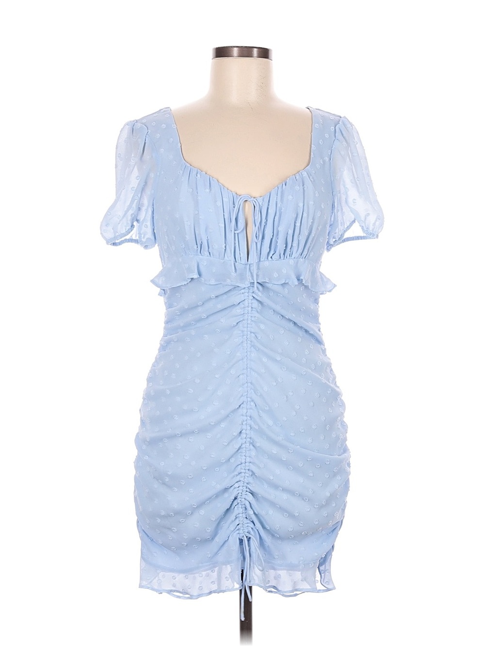 Sweetheart Swiss Dot Ruched Mini Dress in Cloud Blue